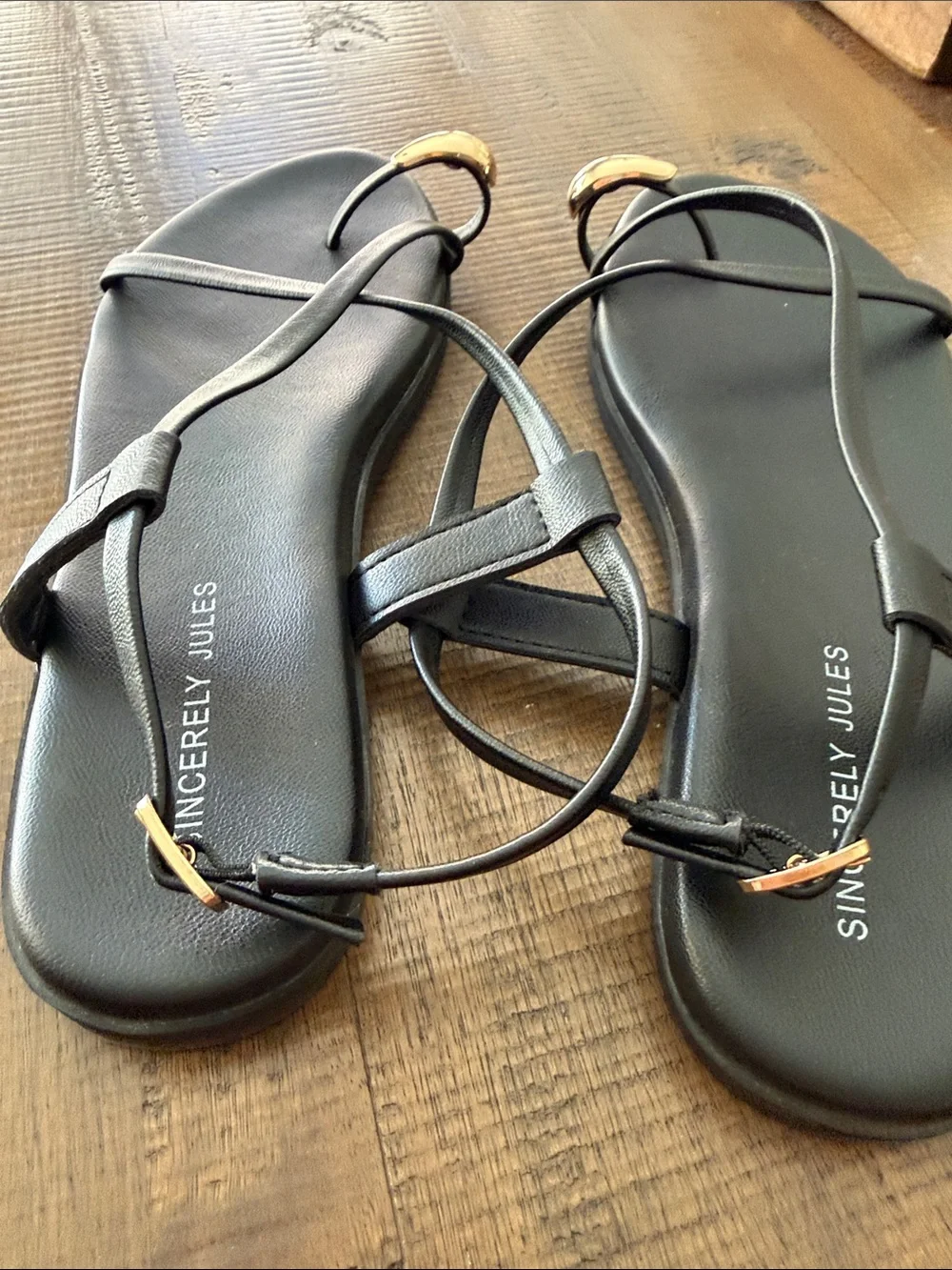 Sincerly Jules Black Strappy Sandals with Gold Accent